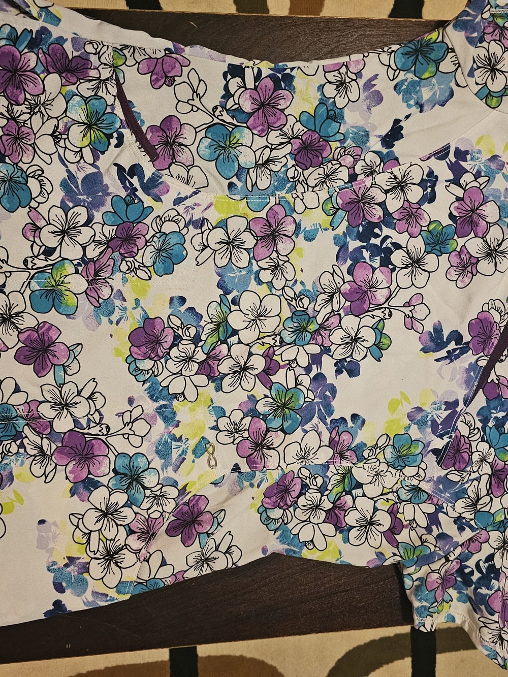 Cherokee Purple Trim Floral Print V-Neck Scrub Top